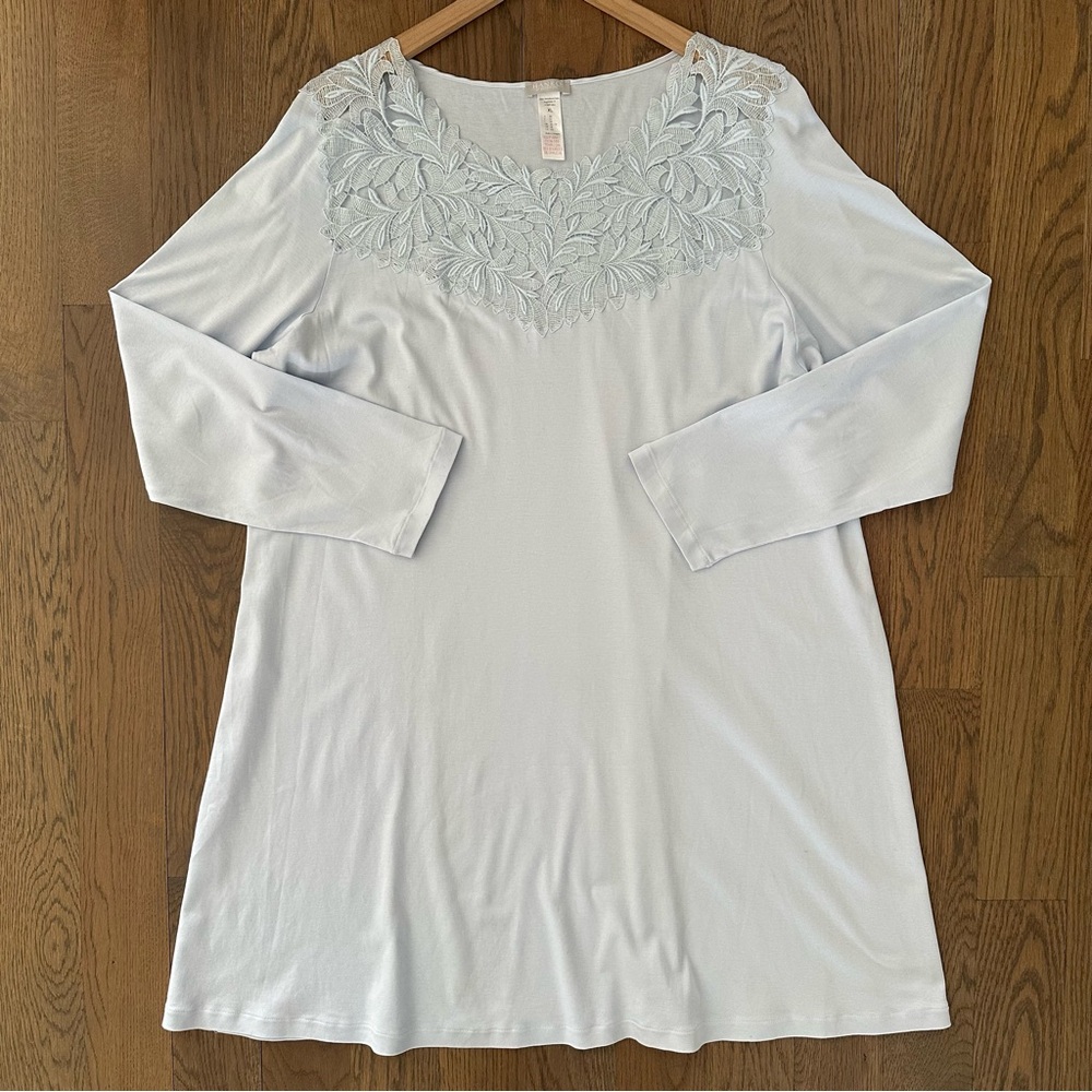 NWOT Hanro Lace Long Sleeve Big Shirt Sleep Shirt in Powder Blue Extra Large
